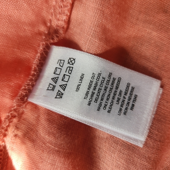 Sigrid Olsen 100% Linen Top Salmon Collared V Neck Roll Tab Sleeves Size Large - Picture 6 of 6